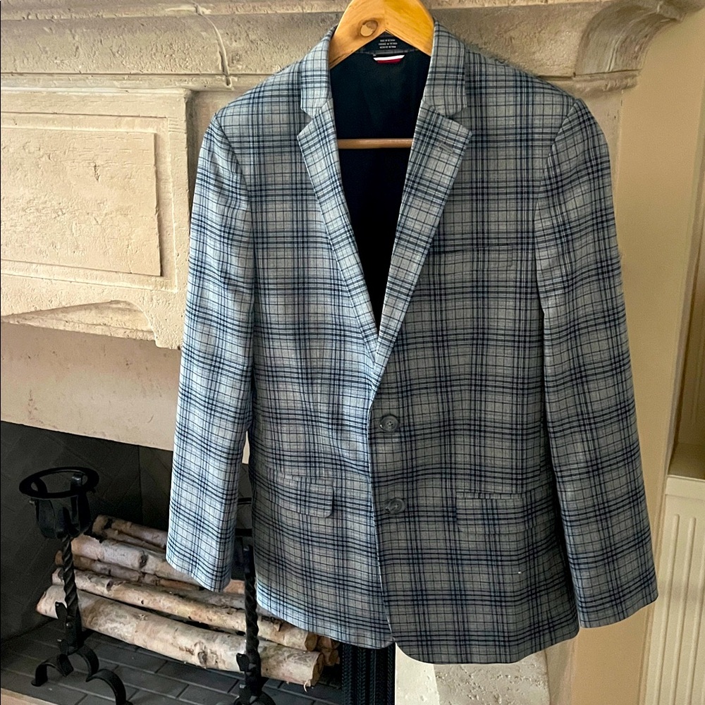 TOMMY HILFIGER ThFlex‎ Youth 16 GREY HEATHER Blue Plaid 2 Button Blazer Jacket